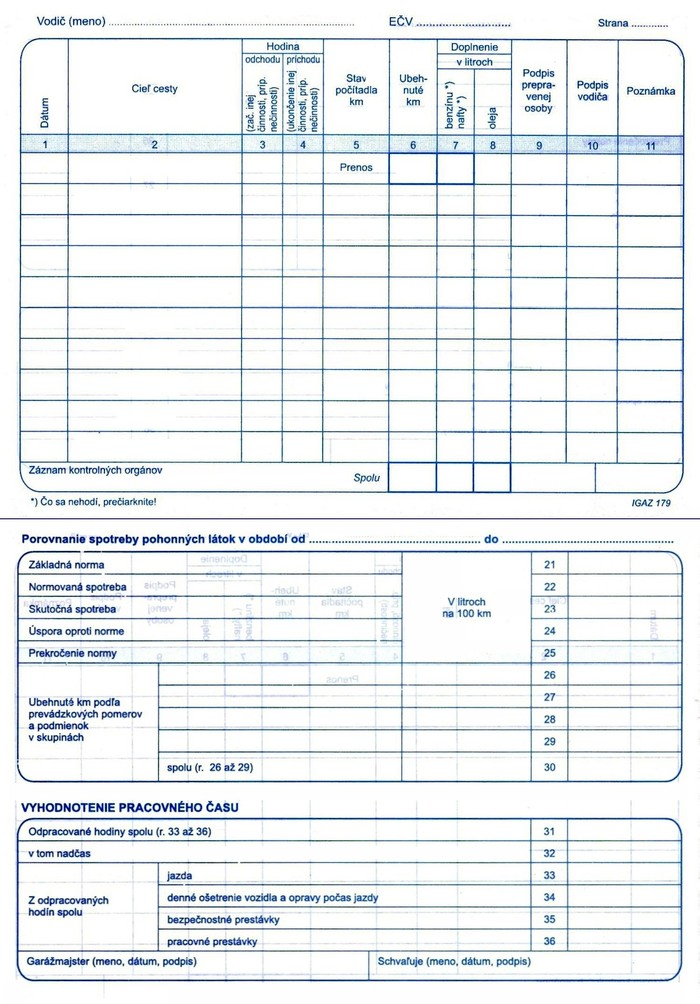 Zaznam o prevadzke vozidla os.dopr. A5  (100