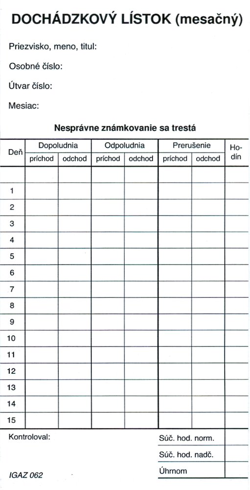 Dochadzkovy listok mesacny - karton TL062