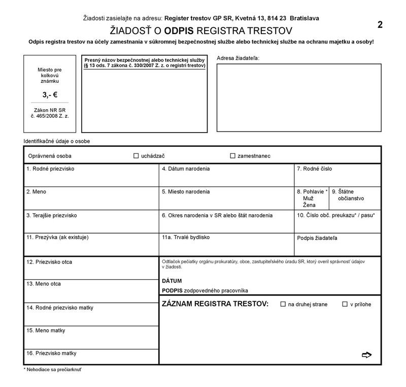 ZIADOST O ODPIS Z REGISTRA TRESTOV 2/3A4 IGAZ 995