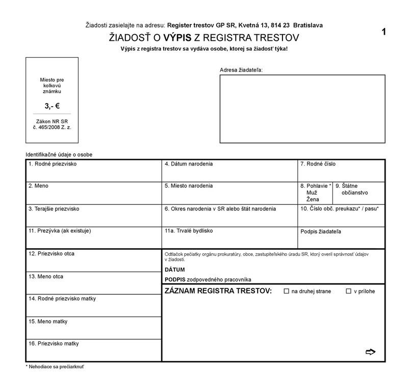 ZIADOST O VYPIS Z REGISTRA TRESTOV 2/3A4 IGAZ 990